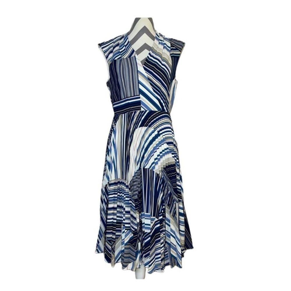 NWT Gabby Skye Blue White Pink Pinstripe Pleated V Neck Modest Midi Dress Size 6
